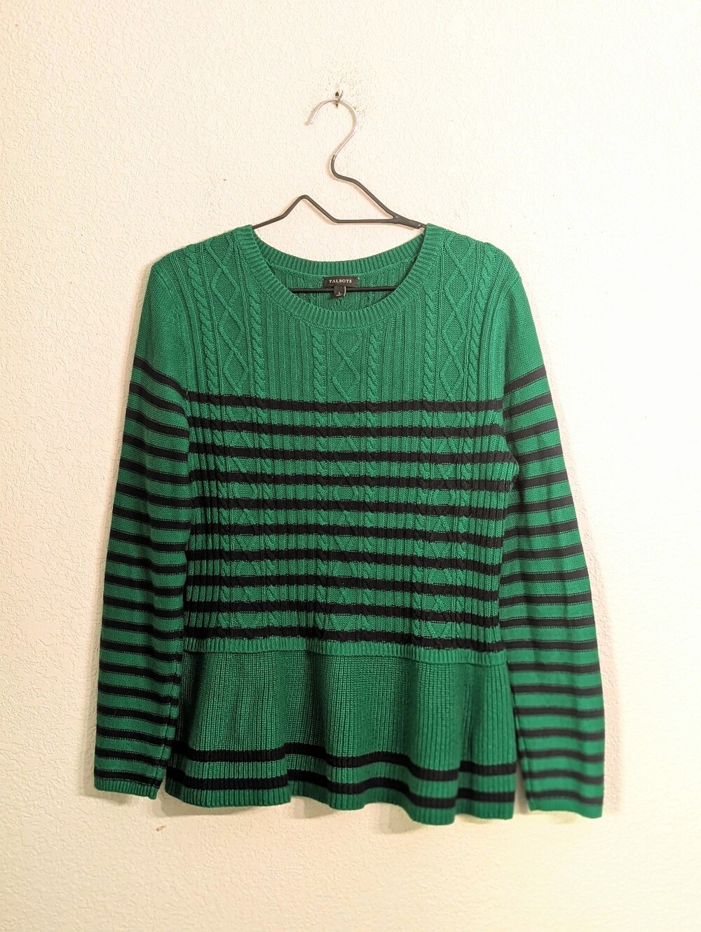 Talbots Cotton Cashmere Green Navy Cable Knit Peplum Sweater Size L Old Money